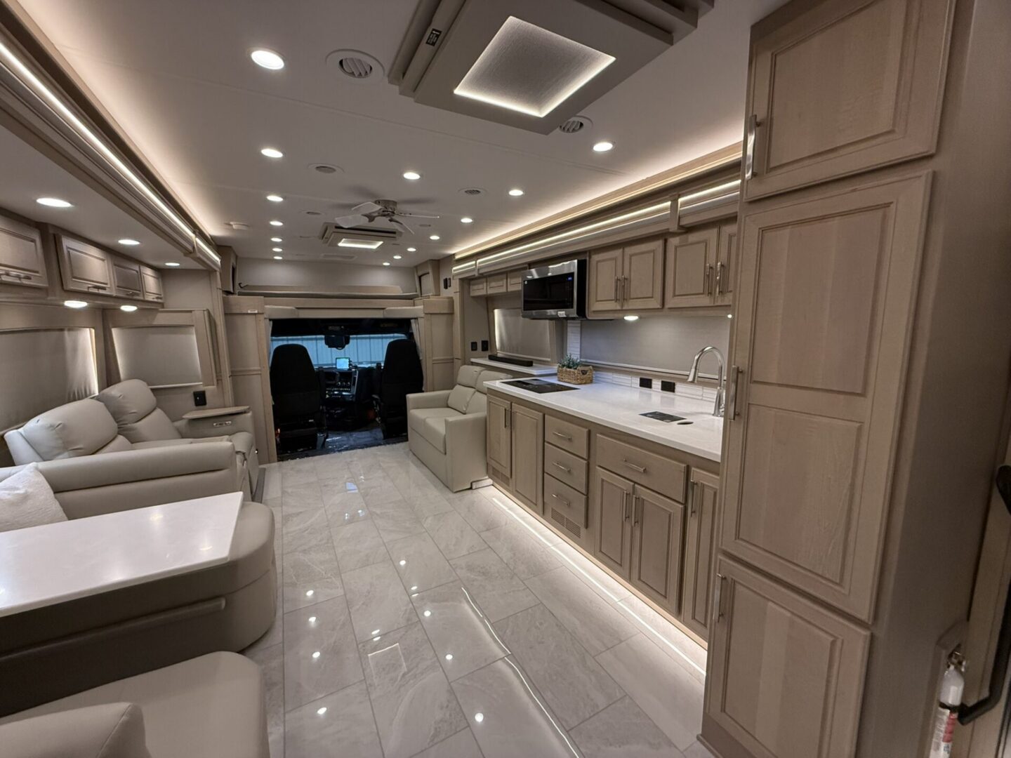 Luxurious RV interior with modern amenities.