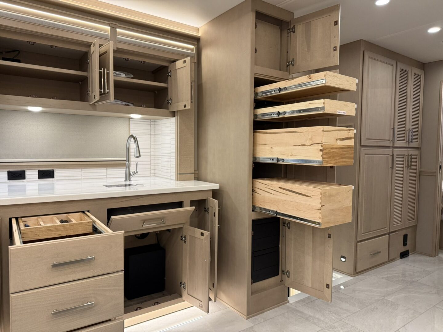 Modern kitchen with organized storage solutions.