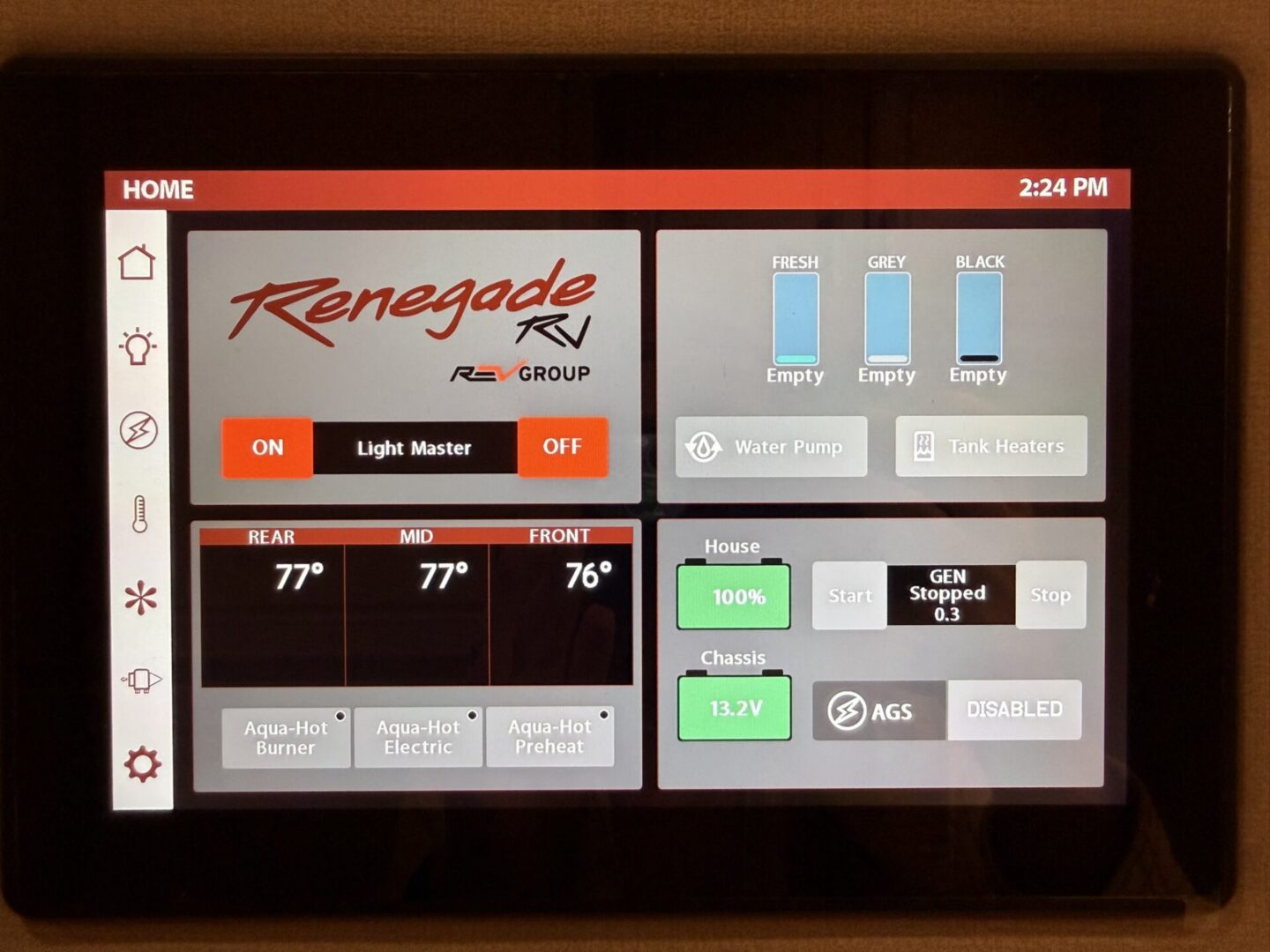 RV control panel displaying system statuses.