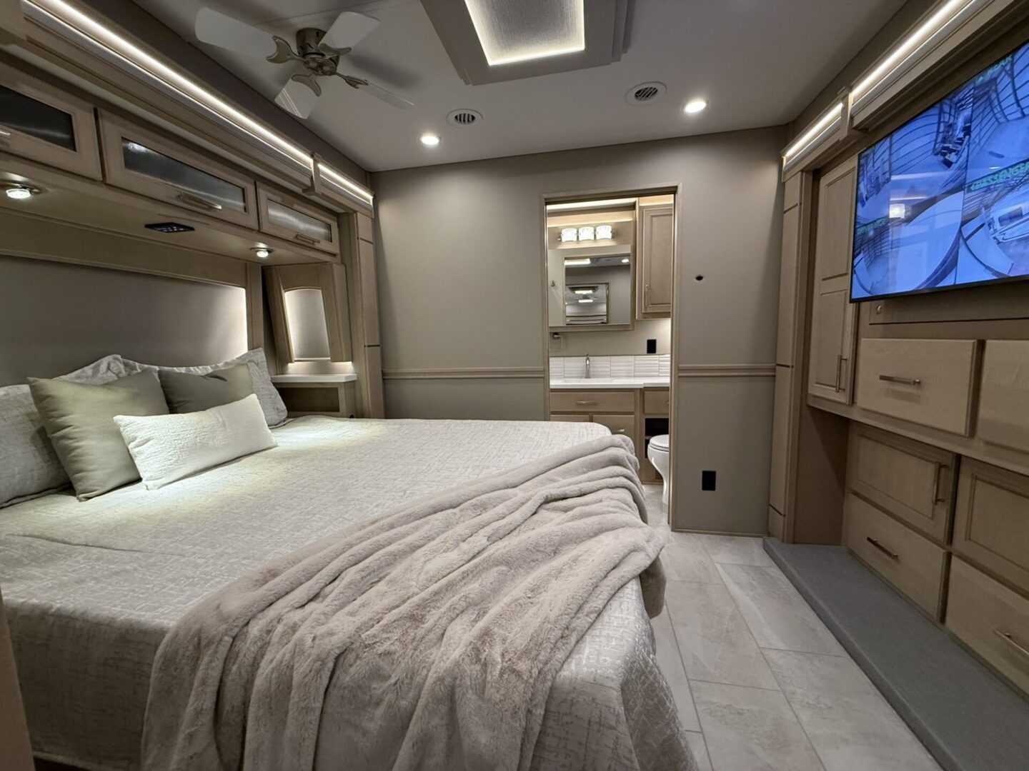Cozy modern bedroom with stylish decor.