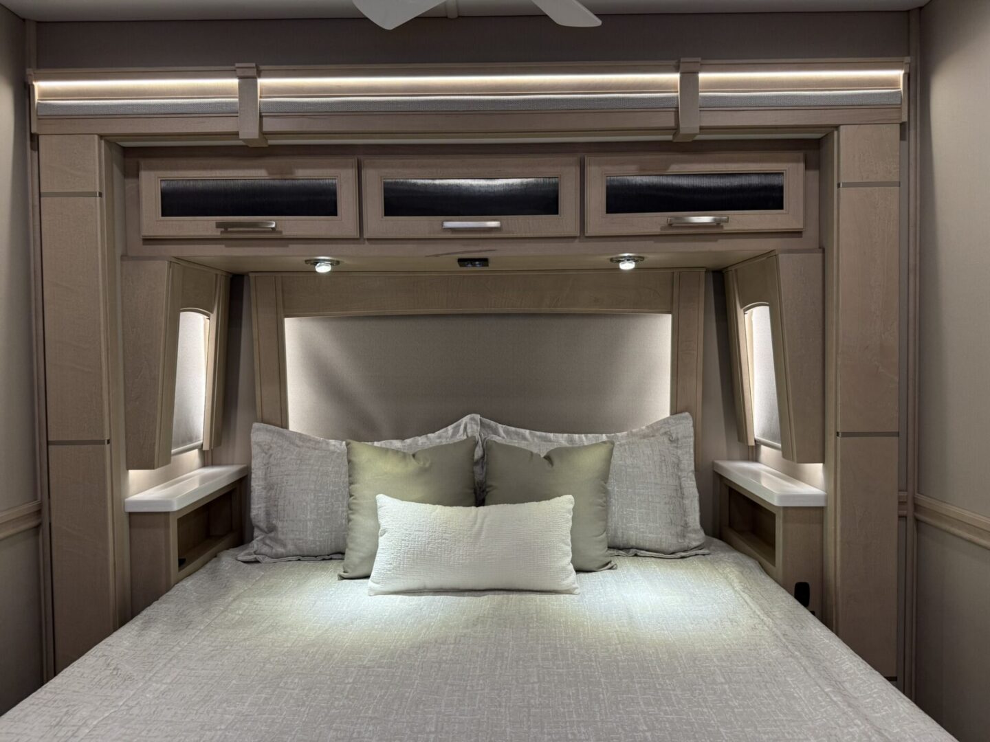 Cozy modern bedroom with ambient lighting.