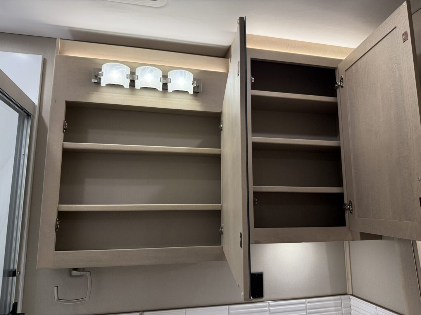 Open kitchen cabinets with shelves and lighting.