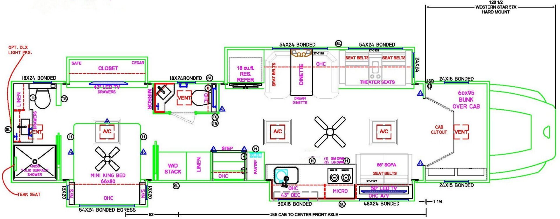 RV floor plan with labeled features and dimensions.